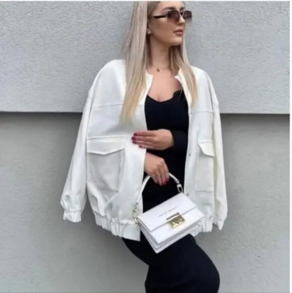 New Zara Longline Patch Pockets Oyster White Bomber Jacket Blogger Fav Small - Picture 9 of 17